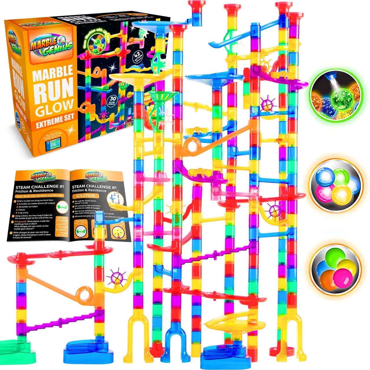Marble Genius 300 pcs Glow Marble Run Track Race Extreme Set for Kids Ages 3-14, Glow in the Dark, STEM Educational Building Block, Color Instruction Manual, Perfect Gifts for Kids
